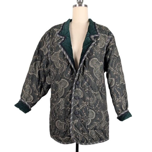 Velvet Reversible Jacket Womens L Green Tapestry Quilted 90s Y2K Vtg Whimsigoth - Picture 3 of 16